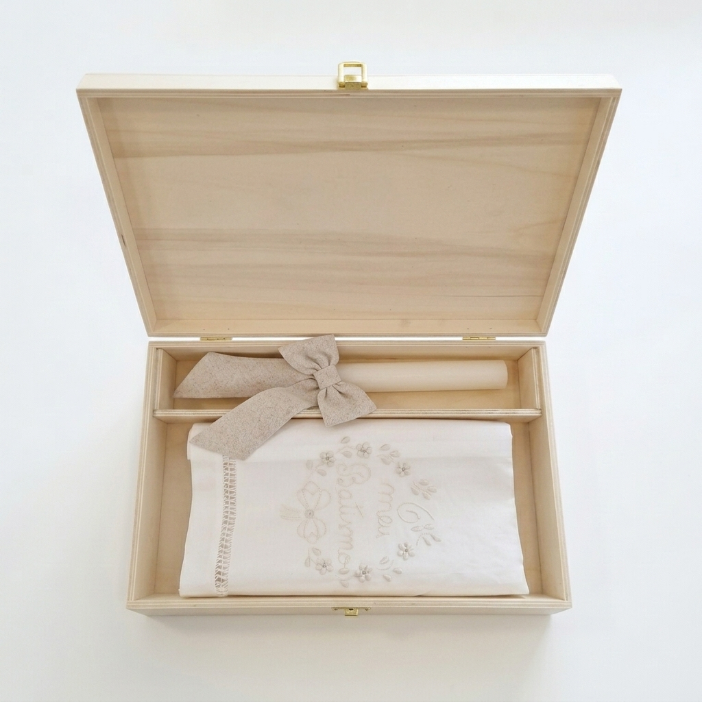 Kit completo batizado - caixa personalizada, vela e toalha bordada à mão